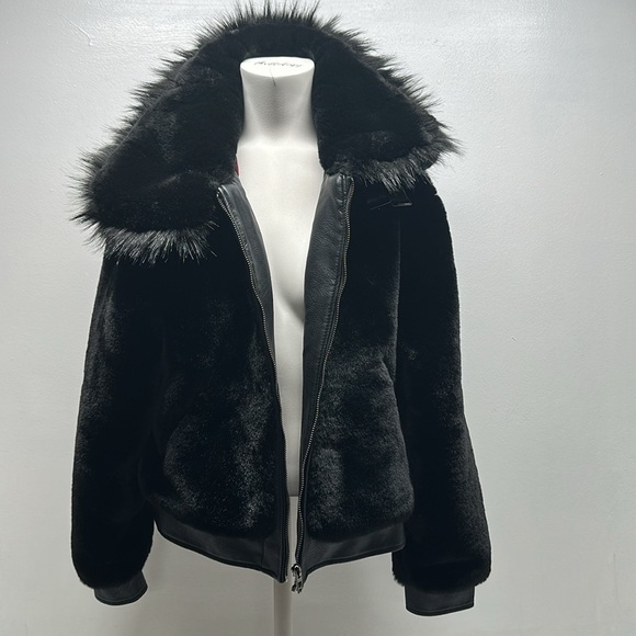 Blanknyc Black Noise Faux Fur Bomber Jacket Furry Moto Coat Vegan Size Large - Picture 2 of 11